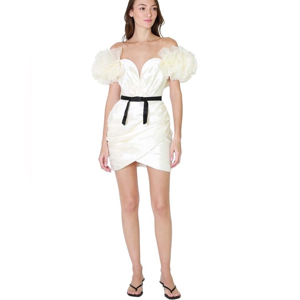 NWNT Mable Alvin Raffle Puff Sleeve Ruched Cream White Mini Dress Size XL